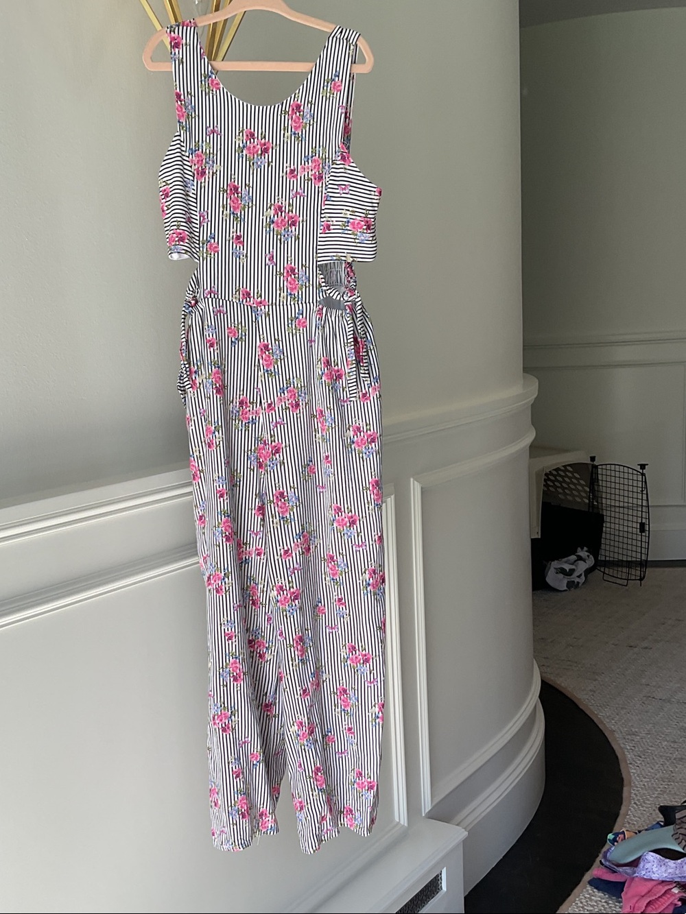 Girls Pink Floral Stripe Cold-Shoulder Jumpsuit - Stylish Summer Romper